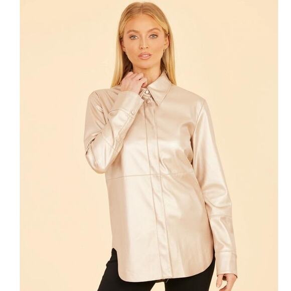 Dolce Cabo Vegan Leather Button Up Shirt 75064 Pale Metallic Gold Medium M NEW - Picture 1 of 5
